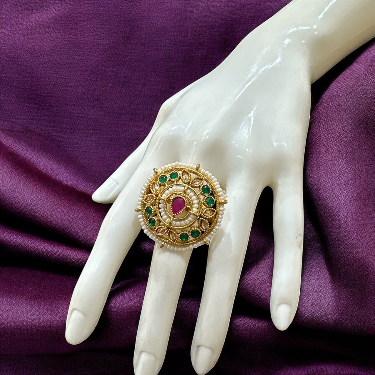 PA717 Light Gold Polki Stones Ring with Green And Pink