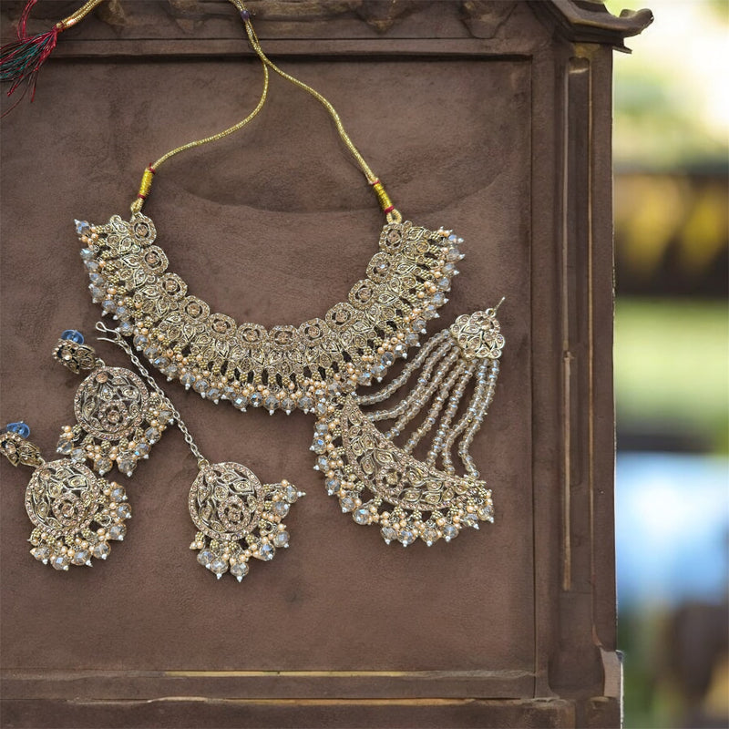 PA7803 Full Gold colour necklace set with earrings tikka and jhumar
