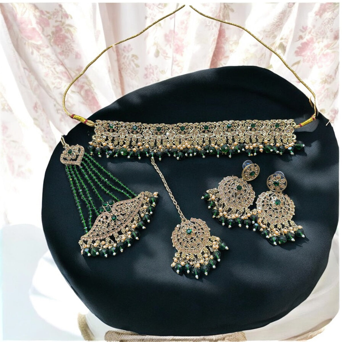 PA7803 Green with full gold choker set comes with earrings tikka and jhumar