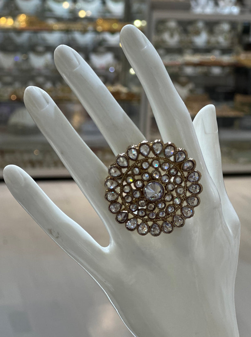 PA711 Gold With White Polki Stones Ring