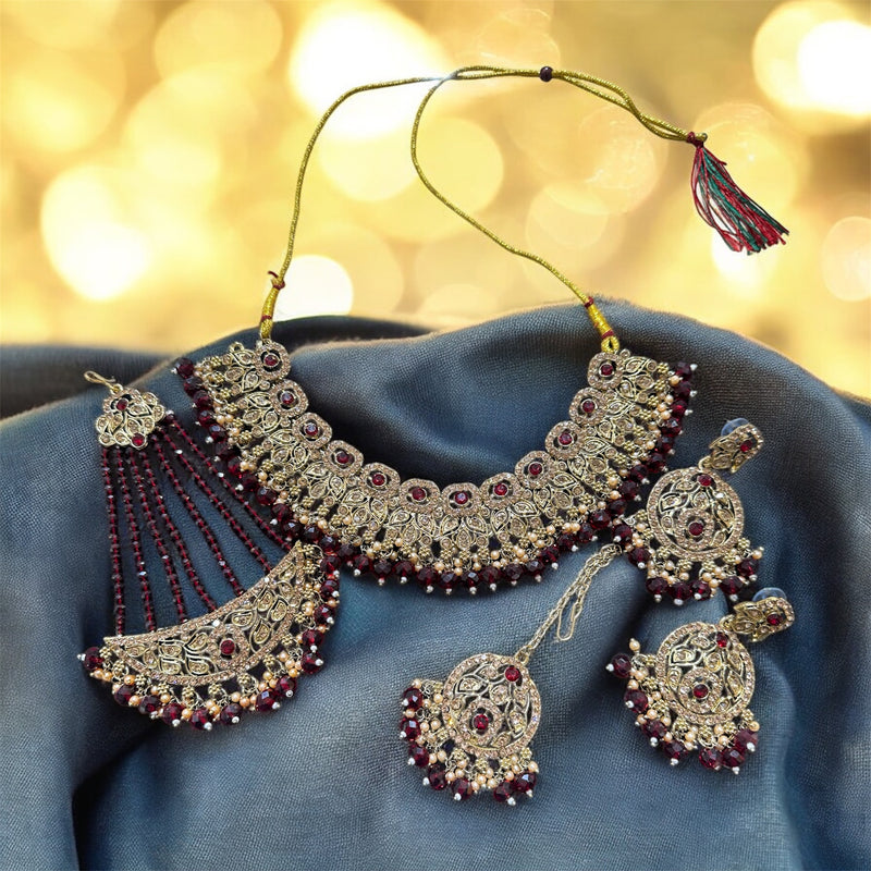 PA7802 Maroon with Full gold colour necklace set with earrings tikka and jhumar
