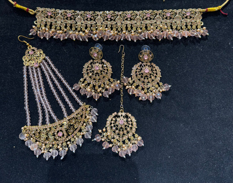 PA7802 Pink with gold choker set comes with earrings tikka and jhumar