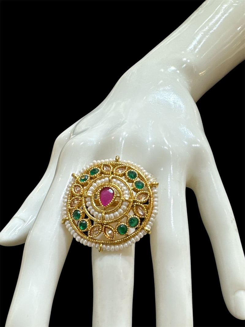 PA717 Light Gold Polki Stones Ring with Green And Pink