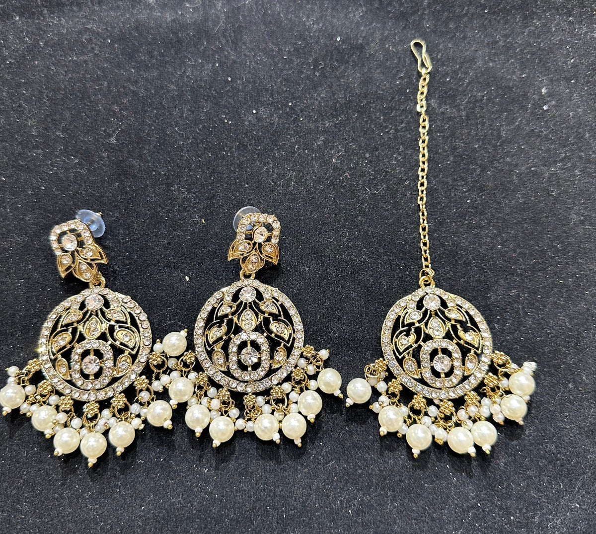 PA7803 Gold with white stones necklace set with earrings tikka and jhumar