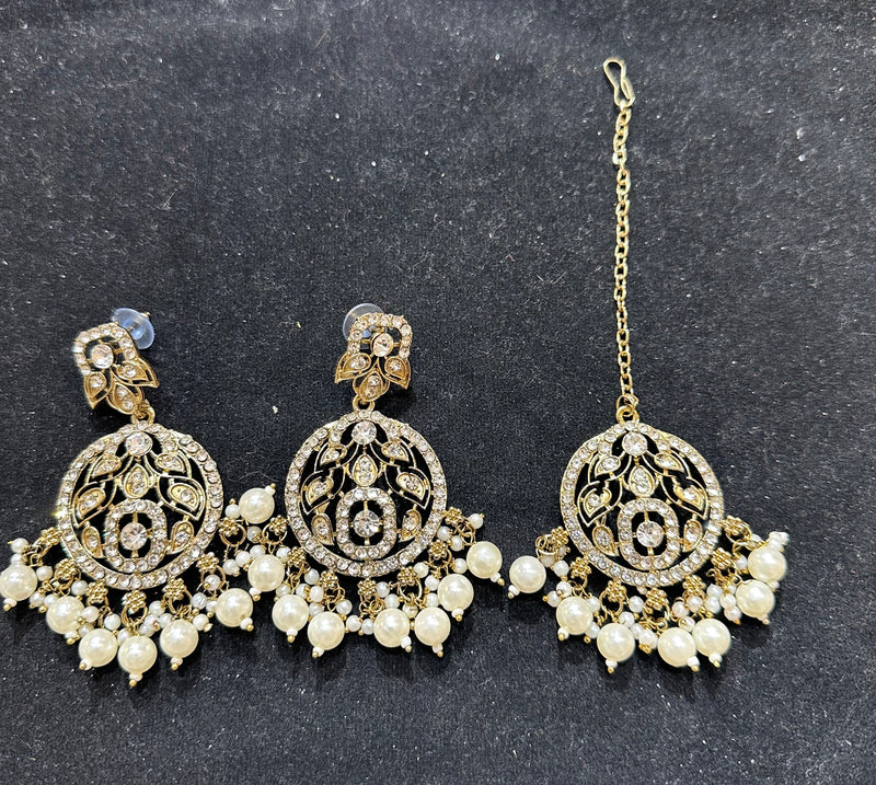 PA7803 Gold with white stones necklace set with earrings tikka and jhumar