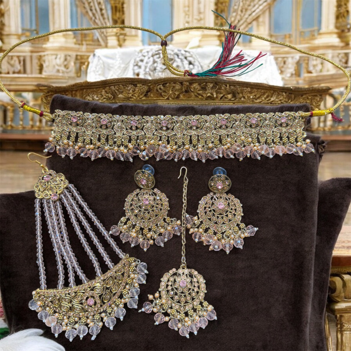 PA7802 Pink with gold choker set comes with earrings tikka and jhumar