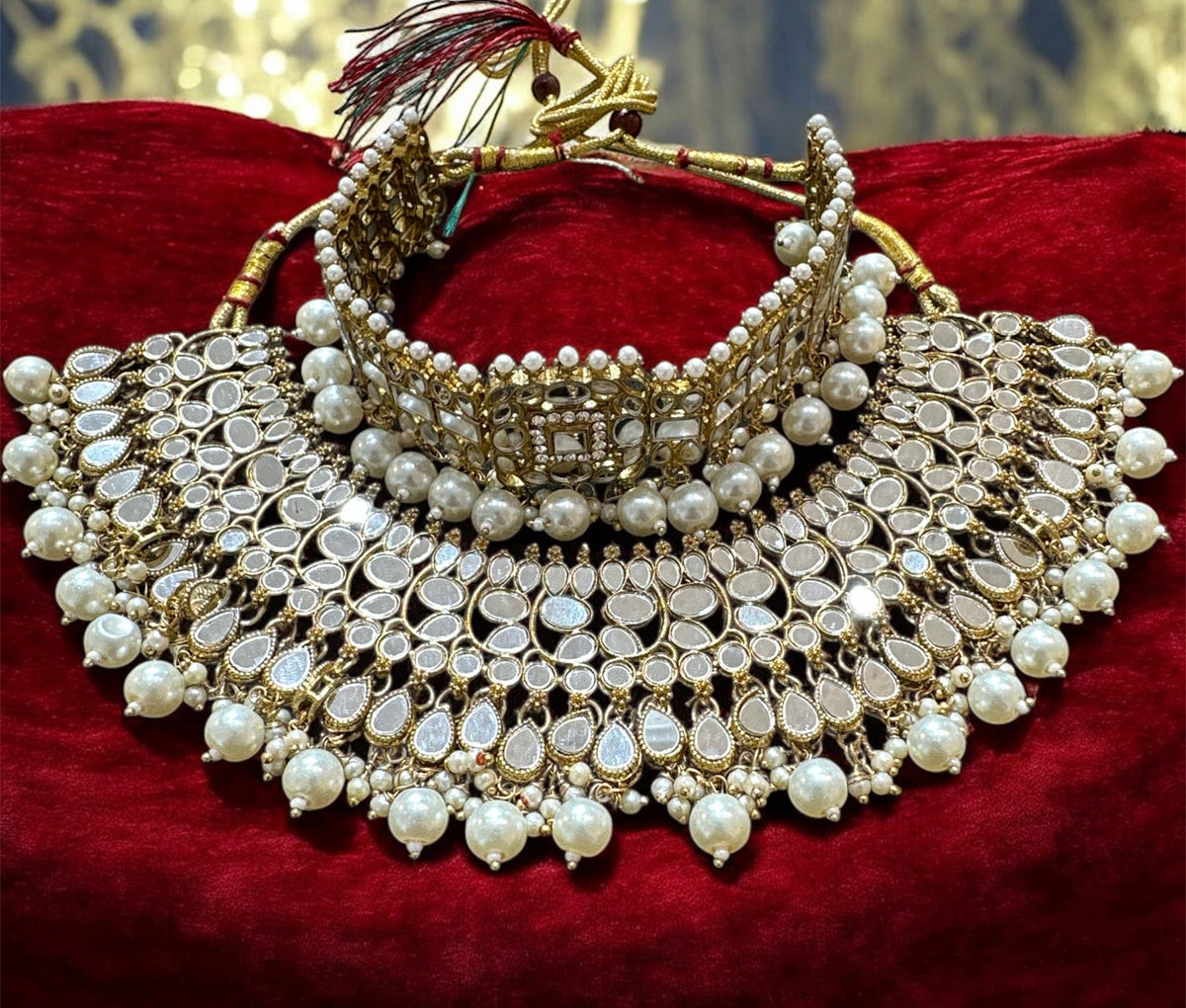 PA111 Antique Gold Mirror Bridal Choker Necklace set