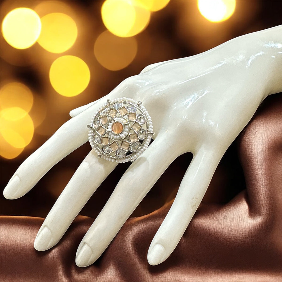 PA720 Silver with peach Polki stones ring