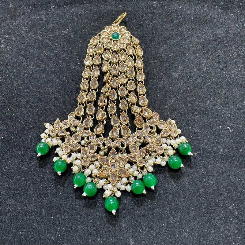 AA47 Full gold colour jhumar with green beads