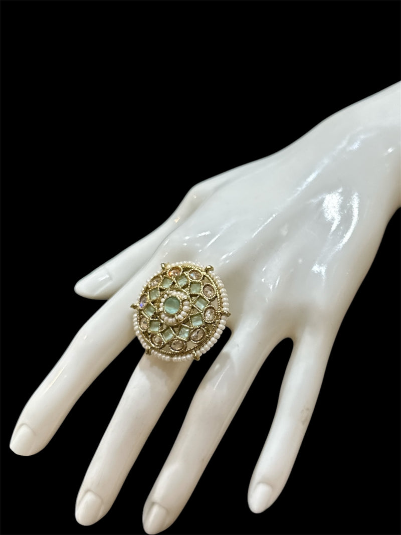 PA715 Gold with Mint Polki Stones Ring