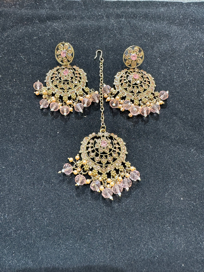 PA7802 Pink with gold choker set comes with earrings tikka and jhumar