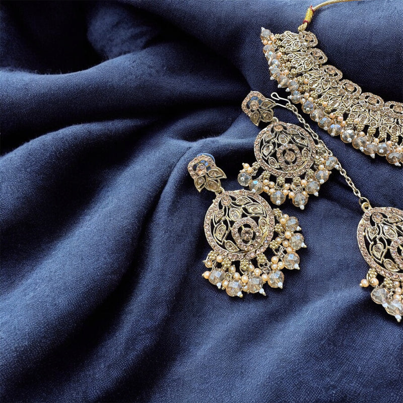 PA7803 Full Gold colour necklace set with earrings tikka and jhumar
