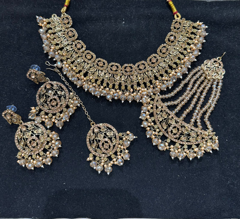 PA7803 Full Gold colour necklace set with earrings tikka and jhumar