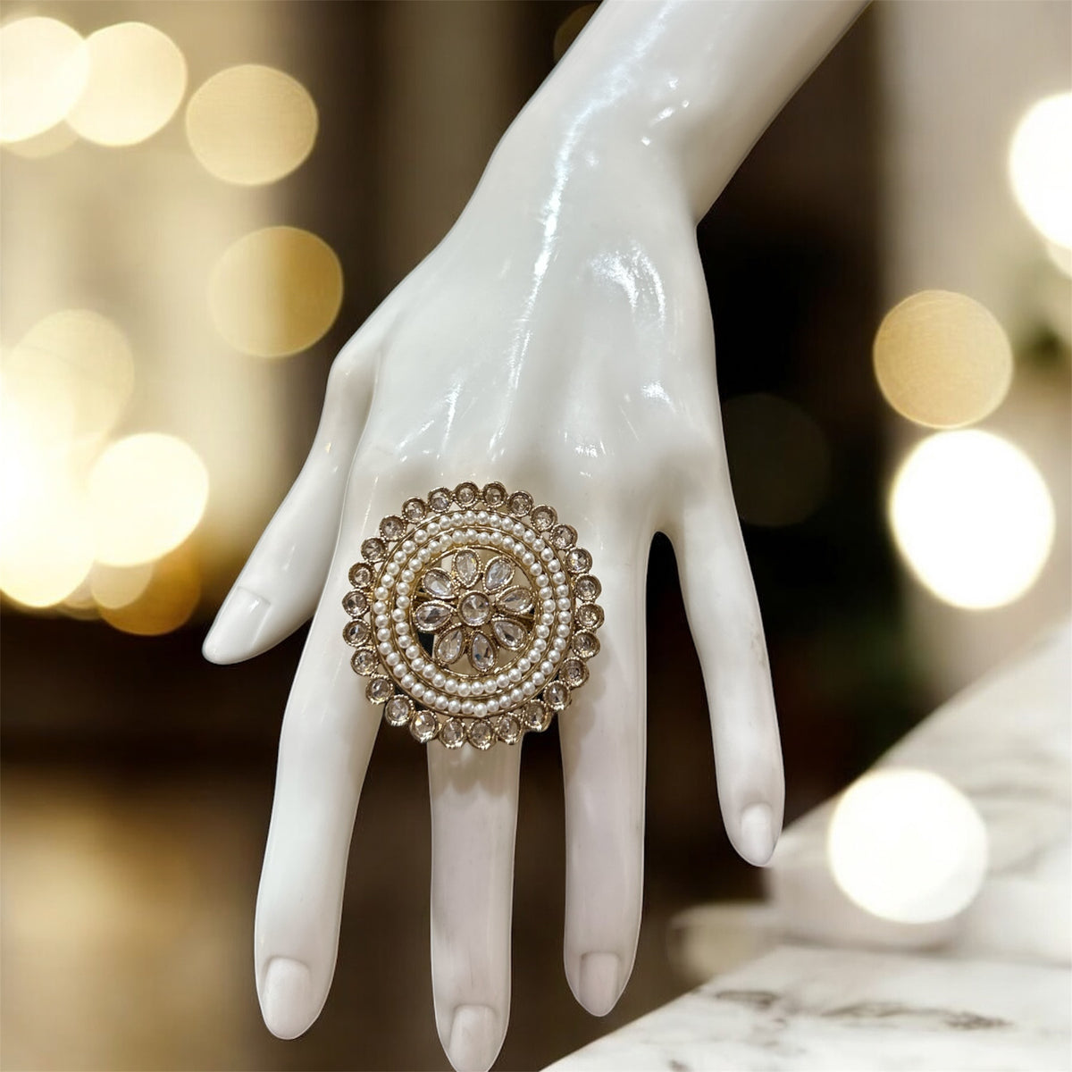 PA712 Gold With White Polki Stones Ring