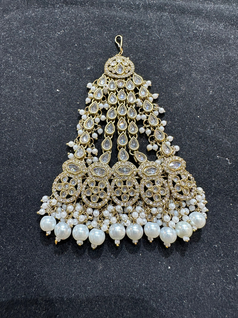 AA52 White with gold colour jhumar with white beads