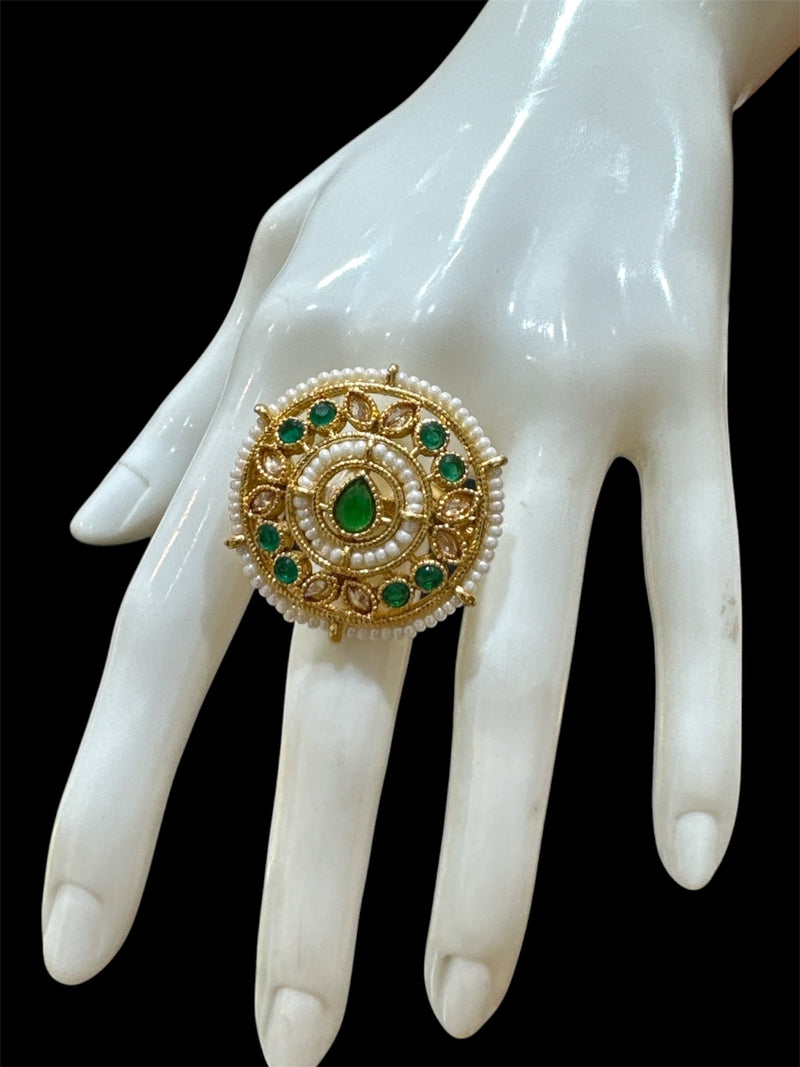 PA717 Light Gold Polki Stones Ring with Green