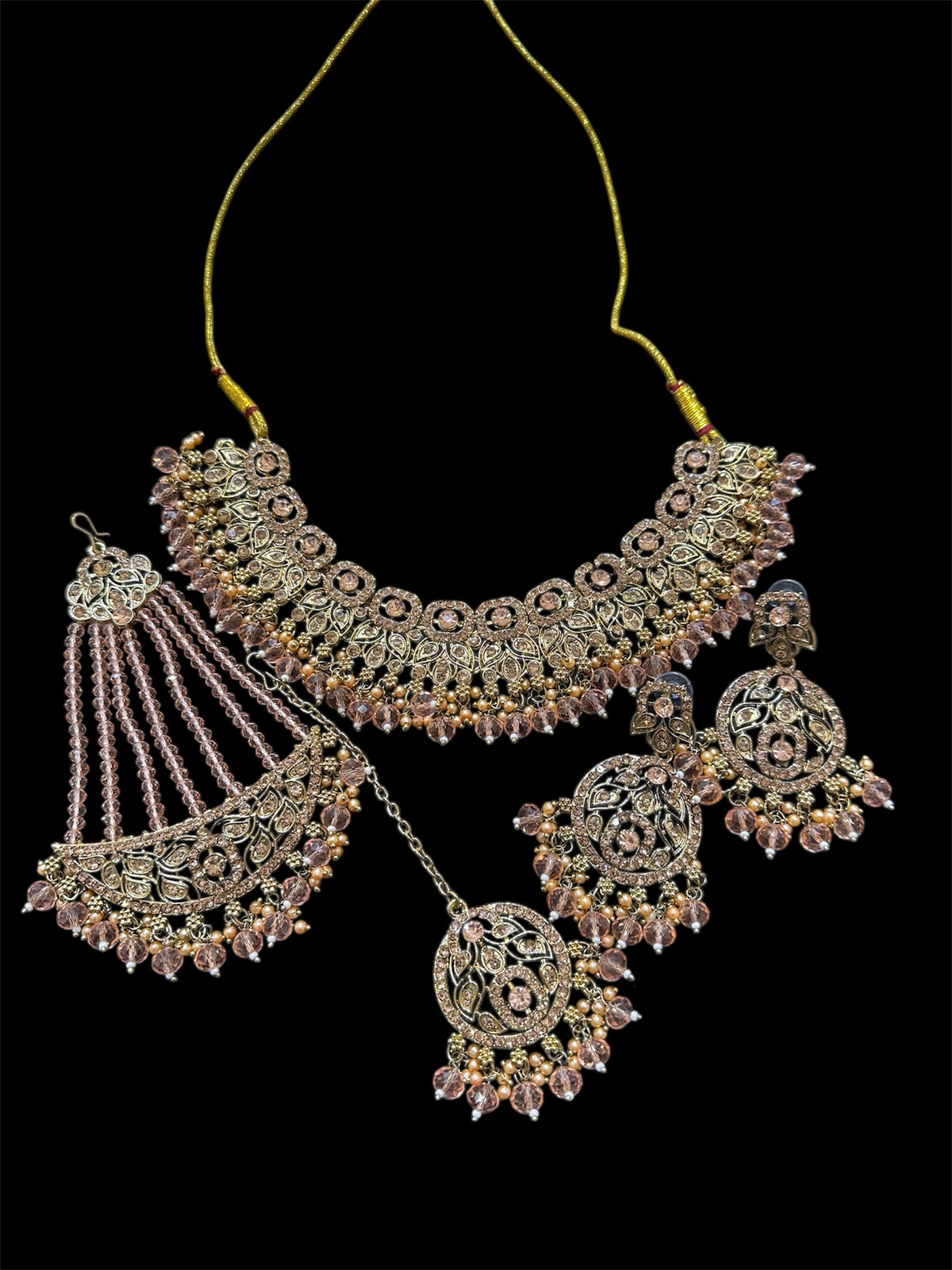 PA7802 peach with full gold necklace set comes with earrings tikka and jhumar