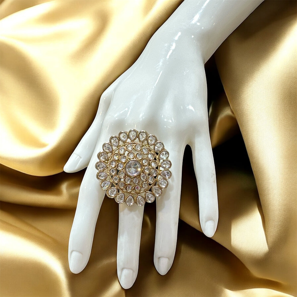 PA711 Gold With White Polki Stones Ring