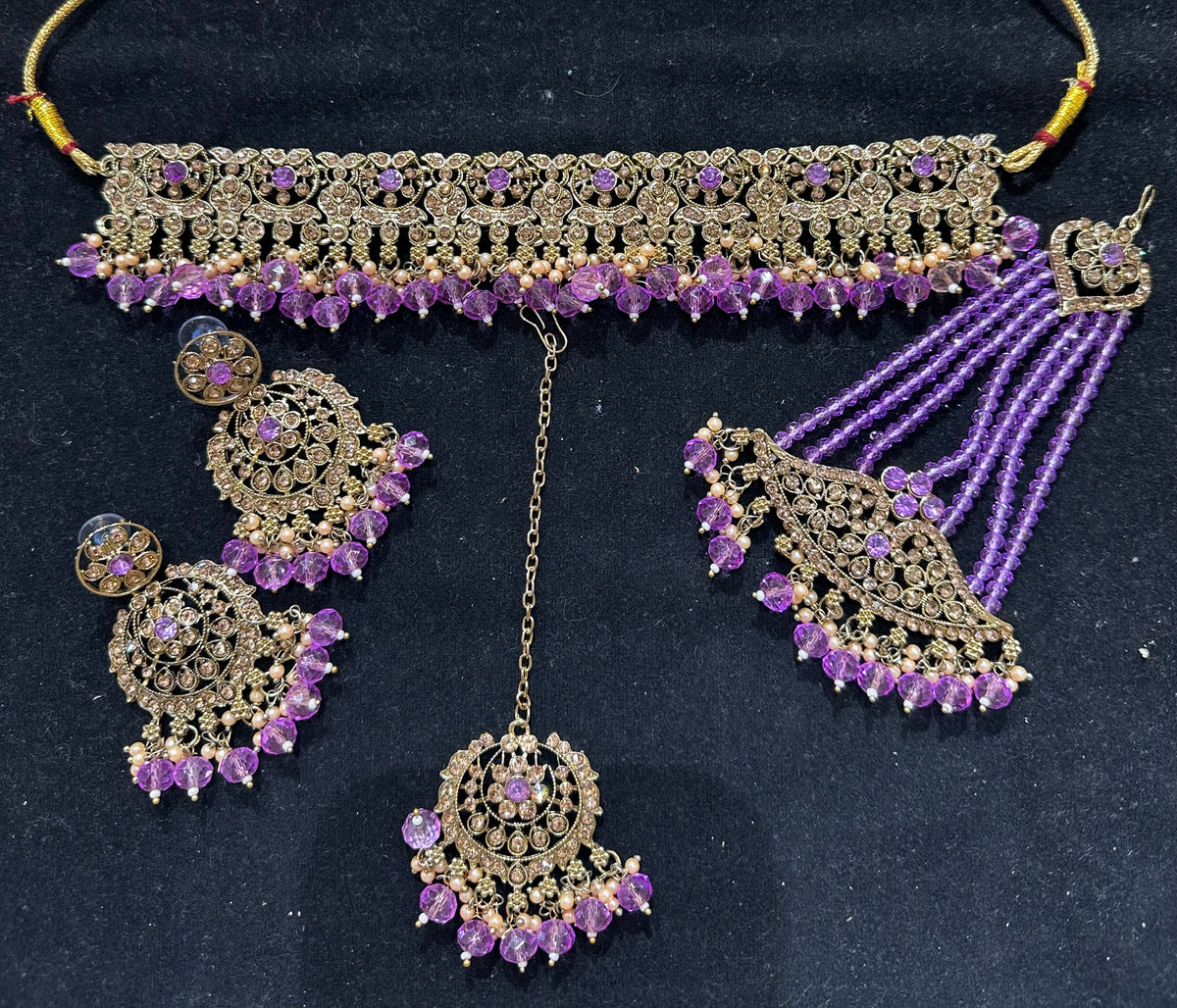 PA7802 Lilac with full gold colour choker with earrings tikka and jhumar