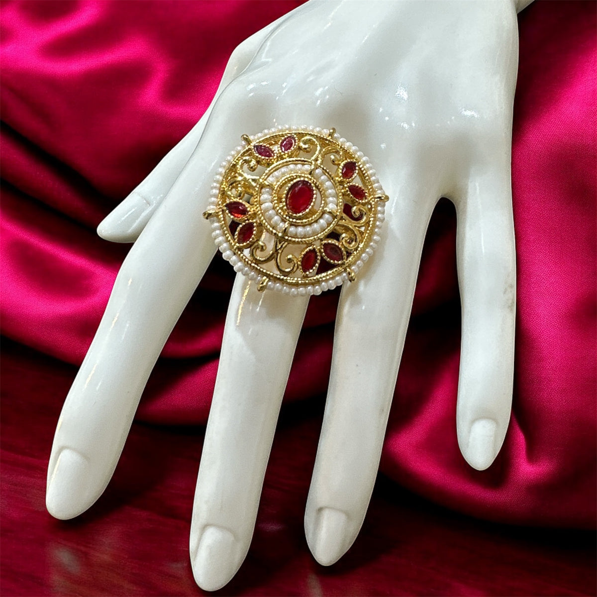 PA719 Light Gold Polki stones ring with Maroon