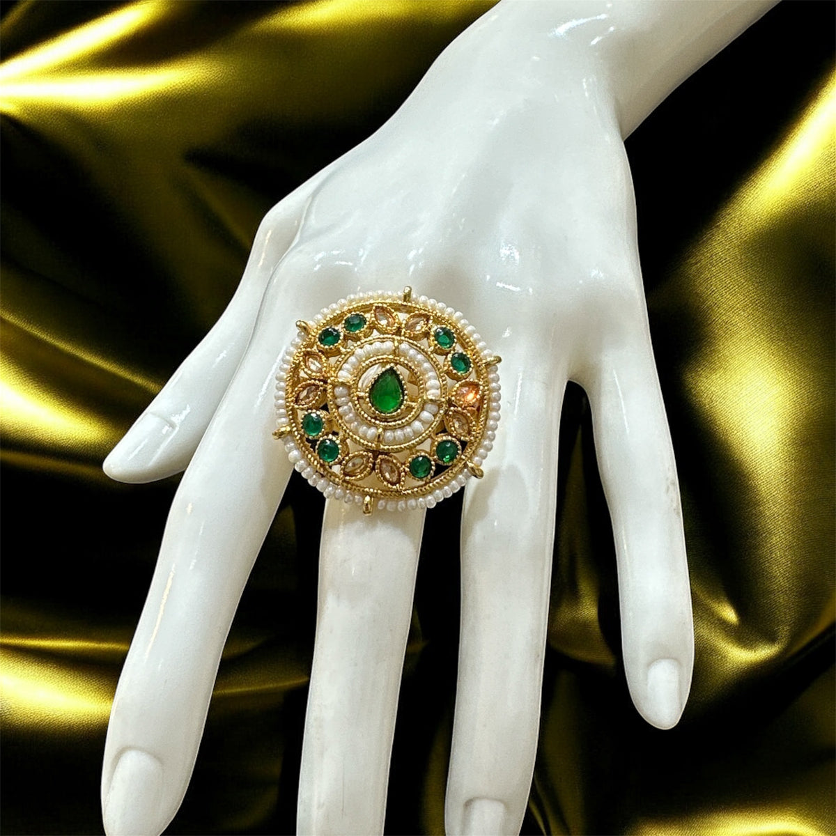 PA717 Light Gold Polki Stones Ring with Green