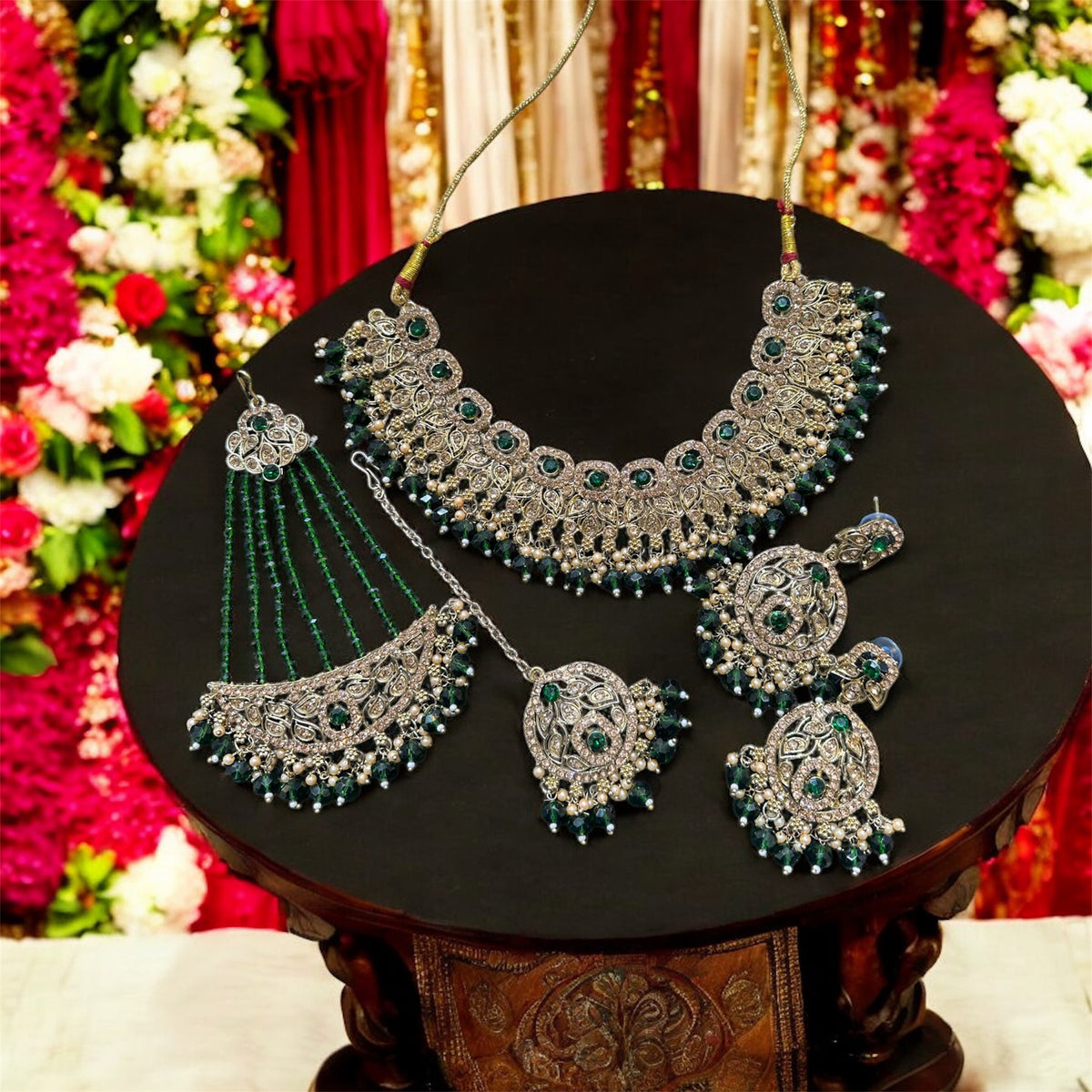 PA7802 Green with full gold necklace set comes with earrings tikka and jhumar
