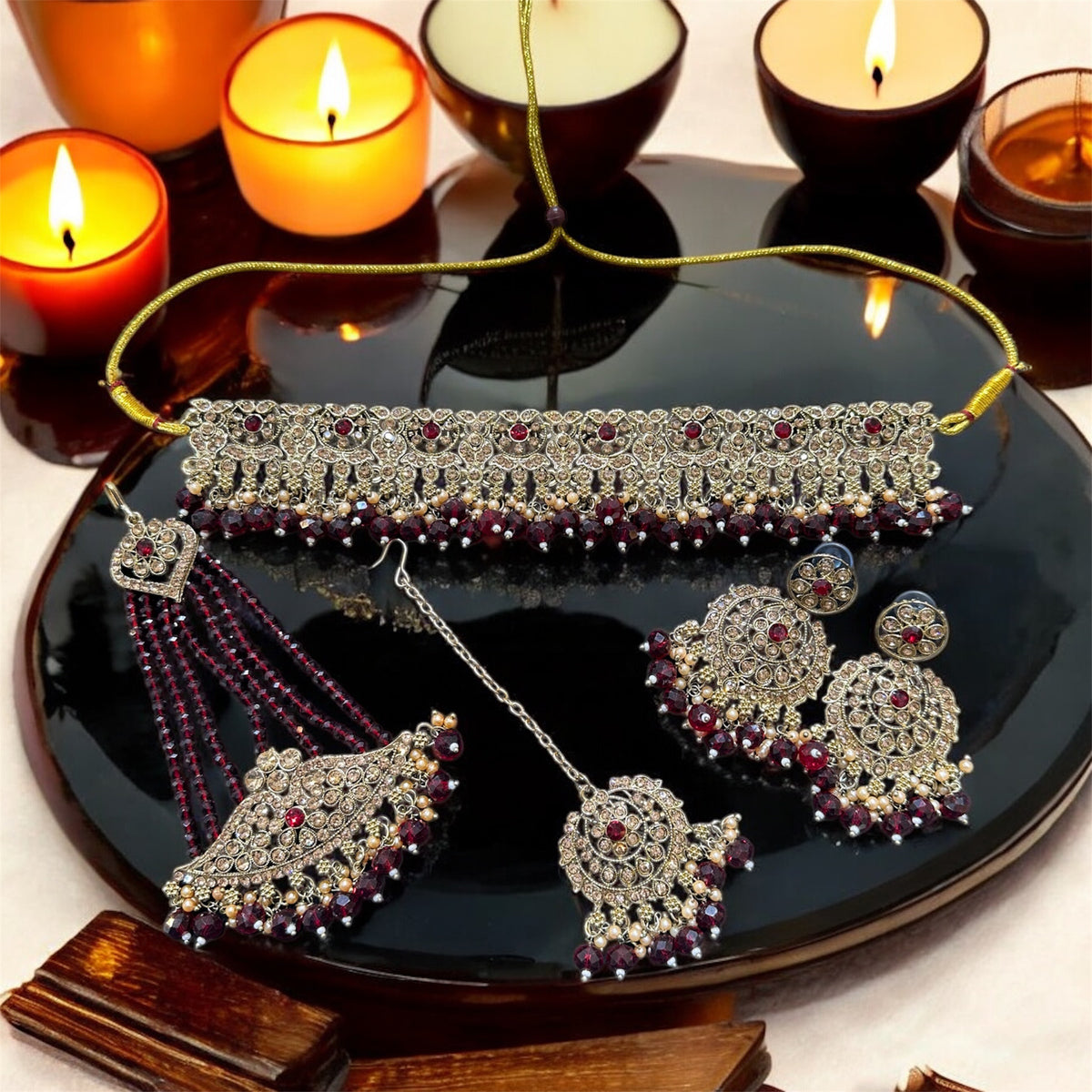 PA7803 Maroon with full gold colour choker comes with earrings tikka and jhumar