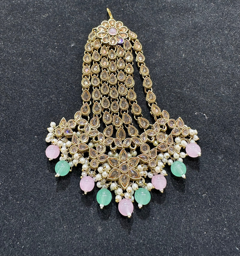 AA48 Full gold colour jhumar with mint and light pink beads