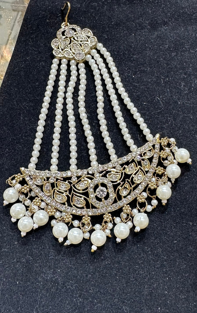 PA7803 Gold with white stones necklace set with earrings tikka and jhumar
