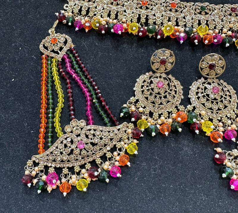 PA7802 Multicolour choker with earrings tikka and jhumar