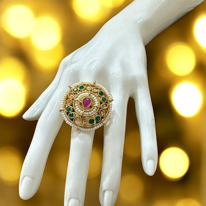 PA717 Light Gold Polki Stones Ring with Green And Pink