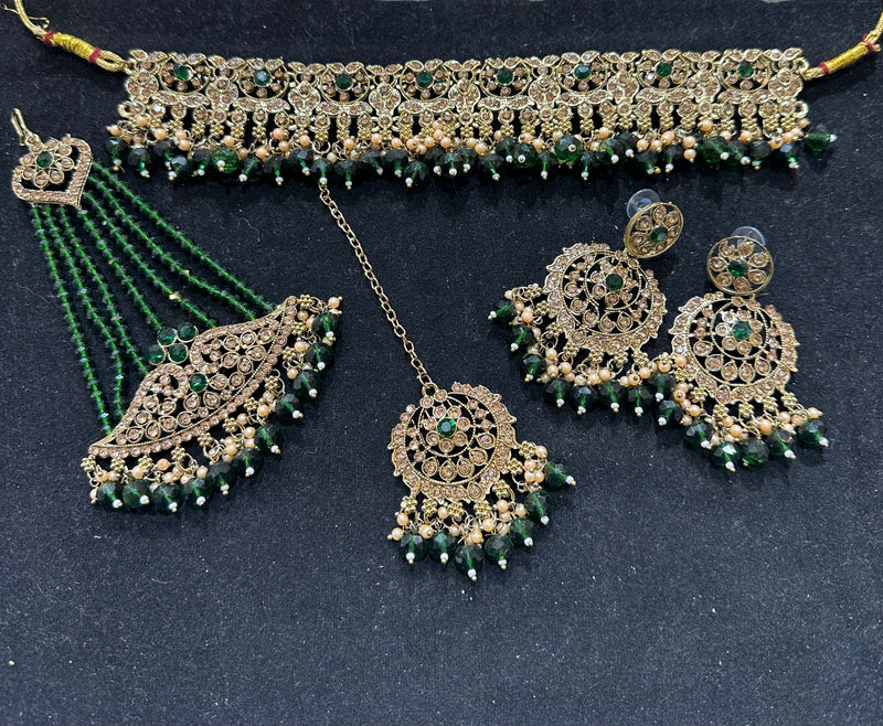 PA7803 Green with full gold choker set comes with earrings tikka and jhumar
