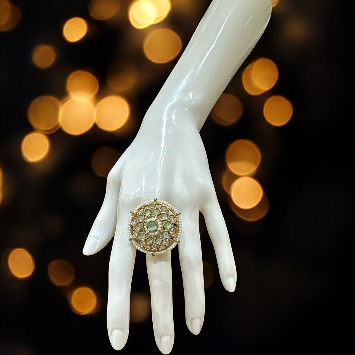 PA715 Gold with Mint Polki Stones Ring
