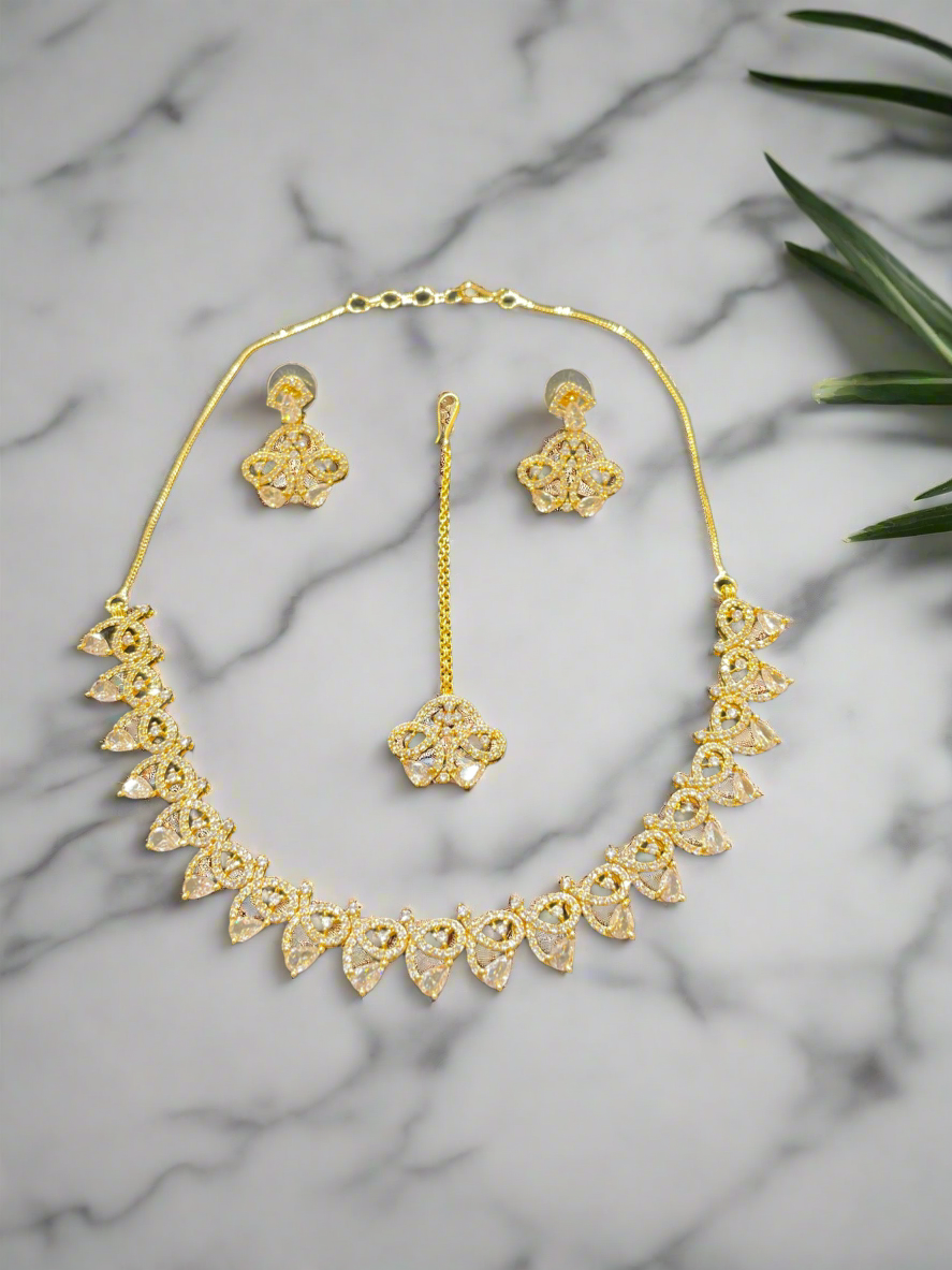 PA09 Gold and White AD necklace set with earrings and tikka