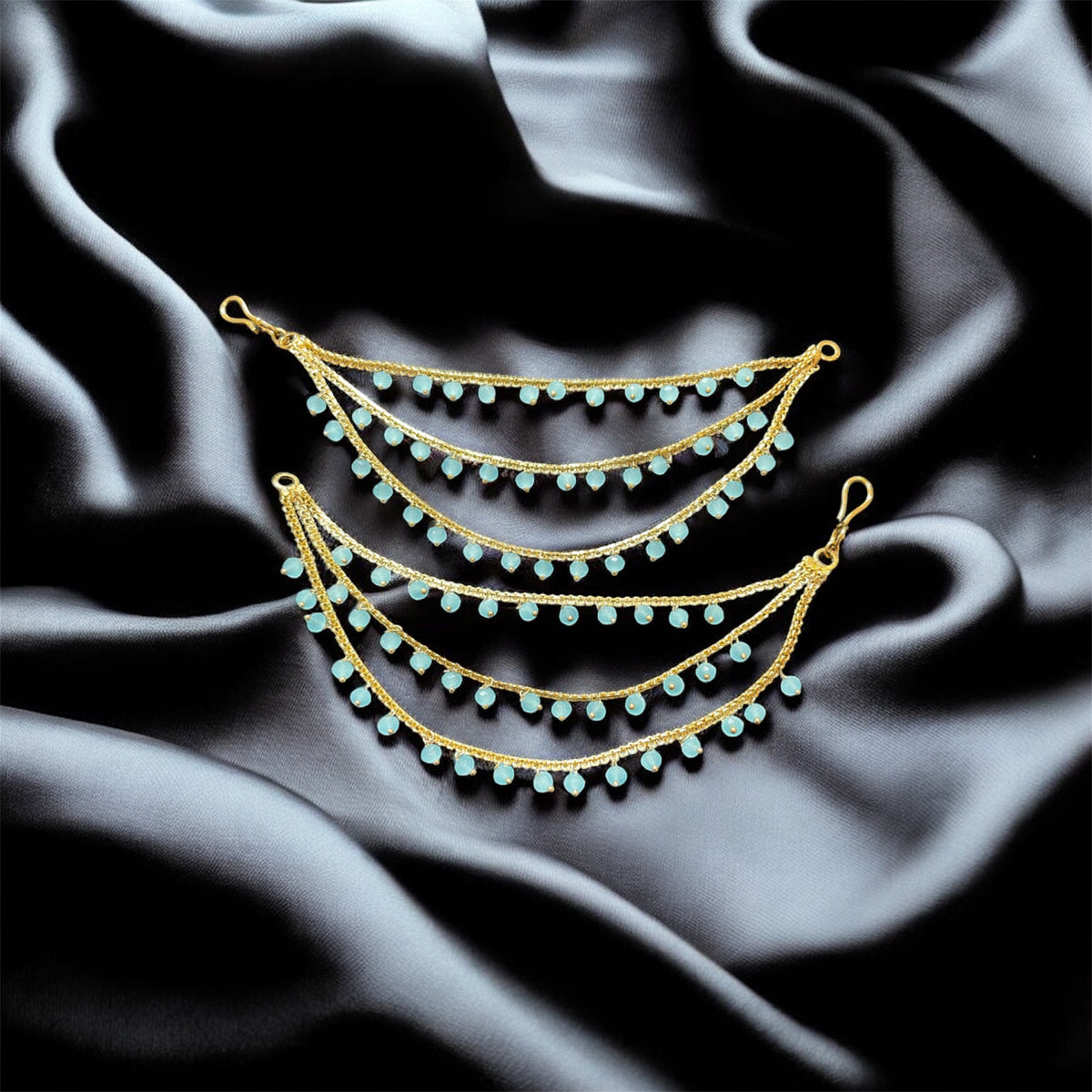 PA053 Full Gold Three Line Sahara with Sky Blue Beads