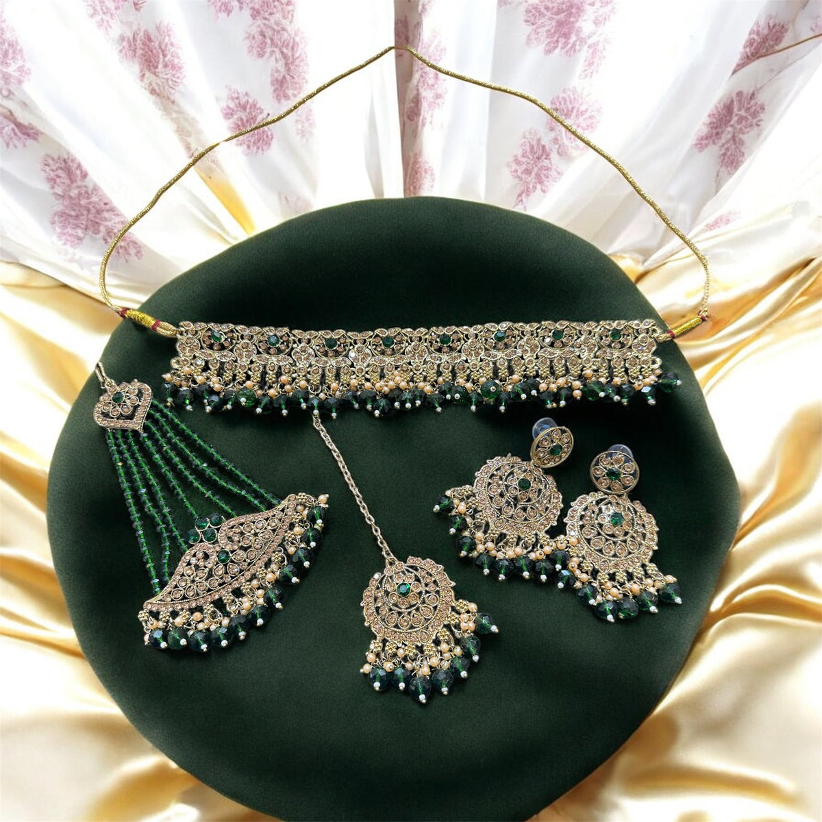 PA7803 Green with full gold choker set comes with earrings tikka and jhumar