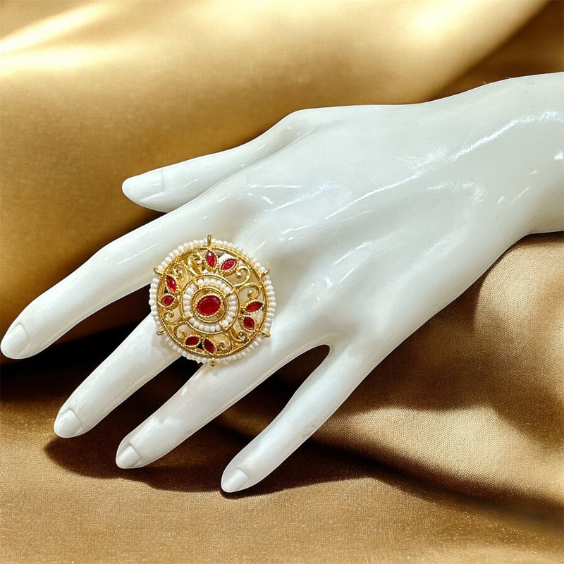 PA719 Light Gold Polki stones ring with Maroon
