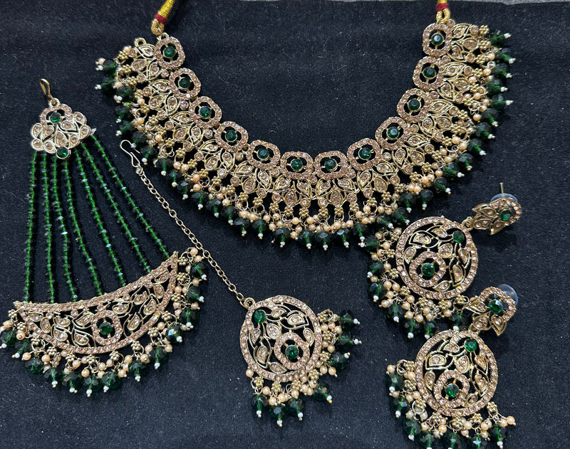 PA7802 Green with full gold necklace set comes with earrings tikka and jhumar