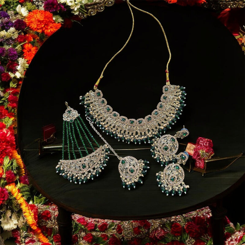 PA7802 Green with full gold necklace set comes with earrings tikka and jhumar