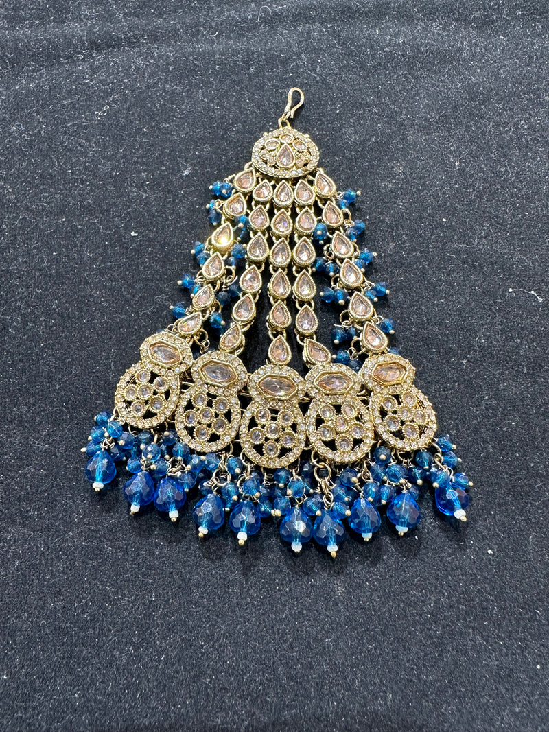 AA55 Gold and Teal/Blue polki jhumar/pasa