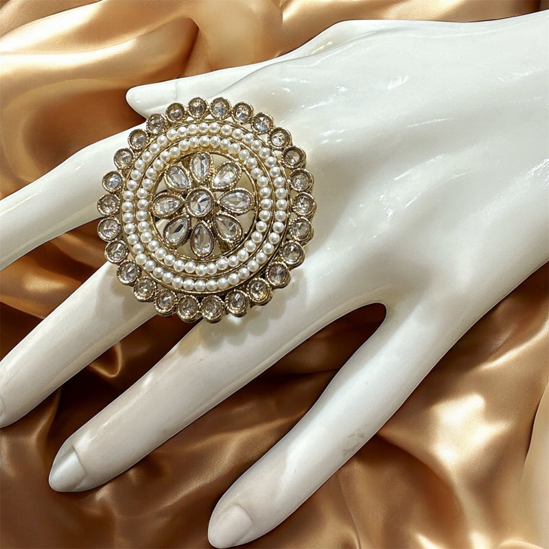 PA712 Gold With White Polki Stones Ring