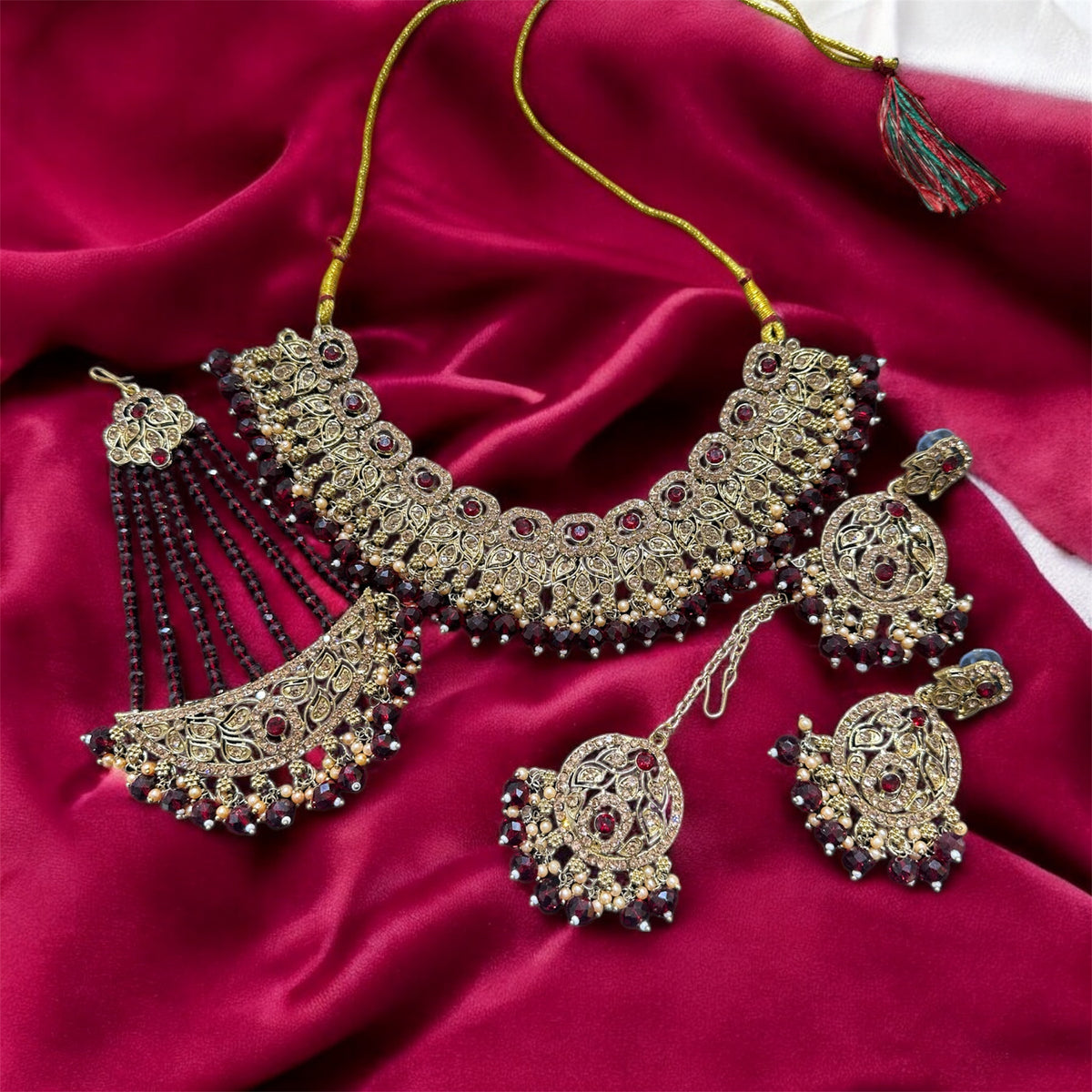 PA7802 Maroon with Full gold colour necklace set with earrings tikka and jhumar