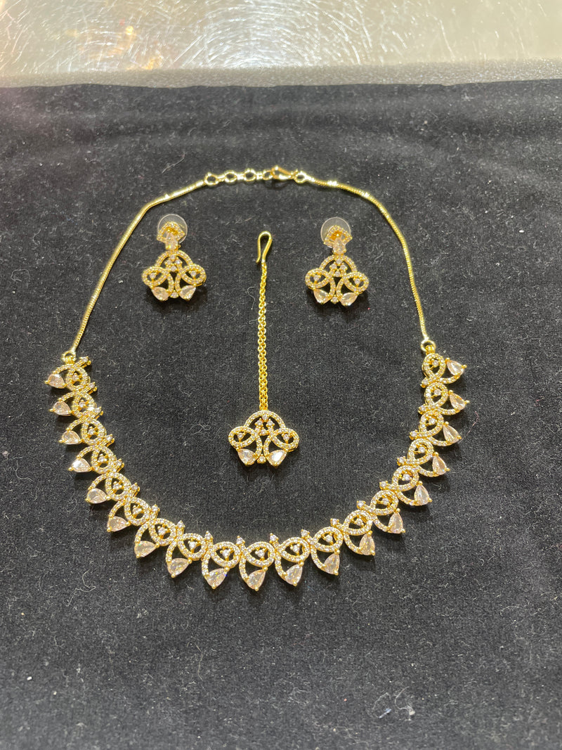 PA09 Gold and White AD necklace set with earrings and tikka