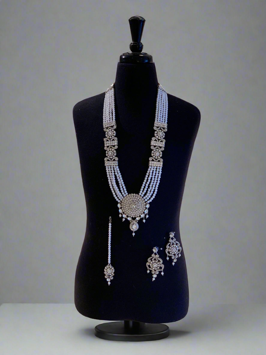 A10 Silver pearl long necklace set
