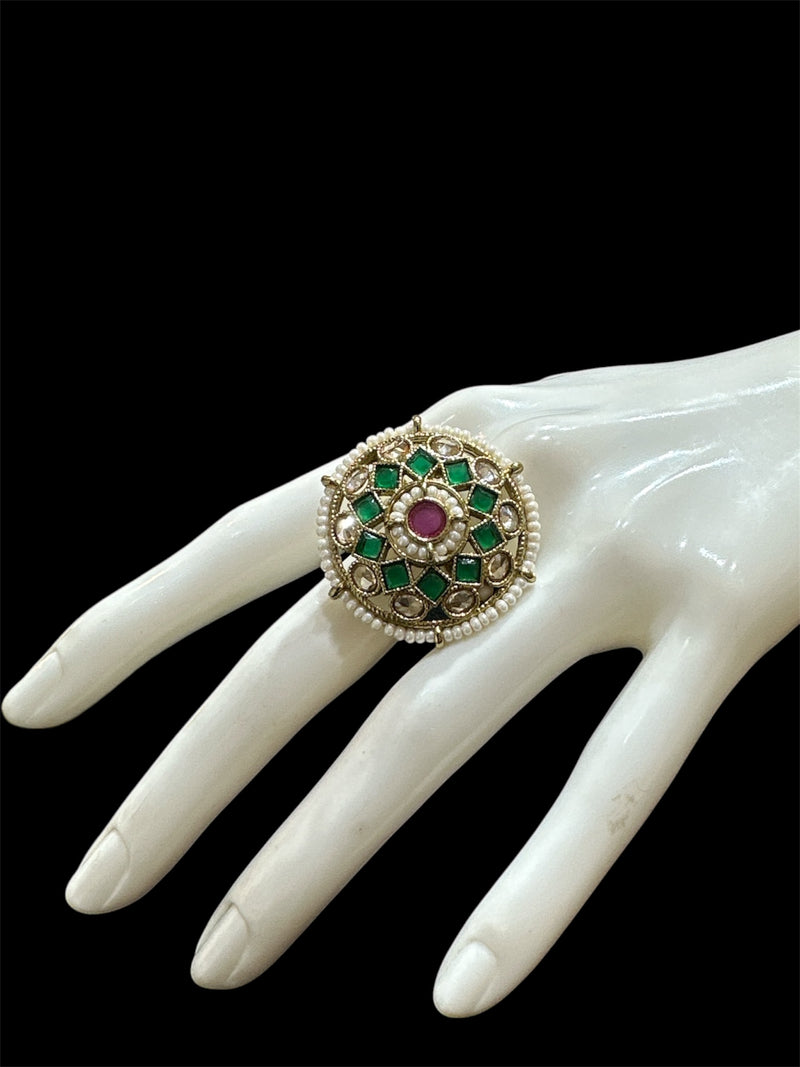 PA720 Gold Polki Stones Ring With Green and Maroon