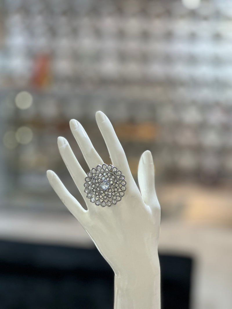 PA711 Silver Colour Ring With Polki Stones
