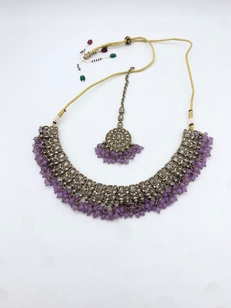 AM014 Gold and Lilac necklace set Polki