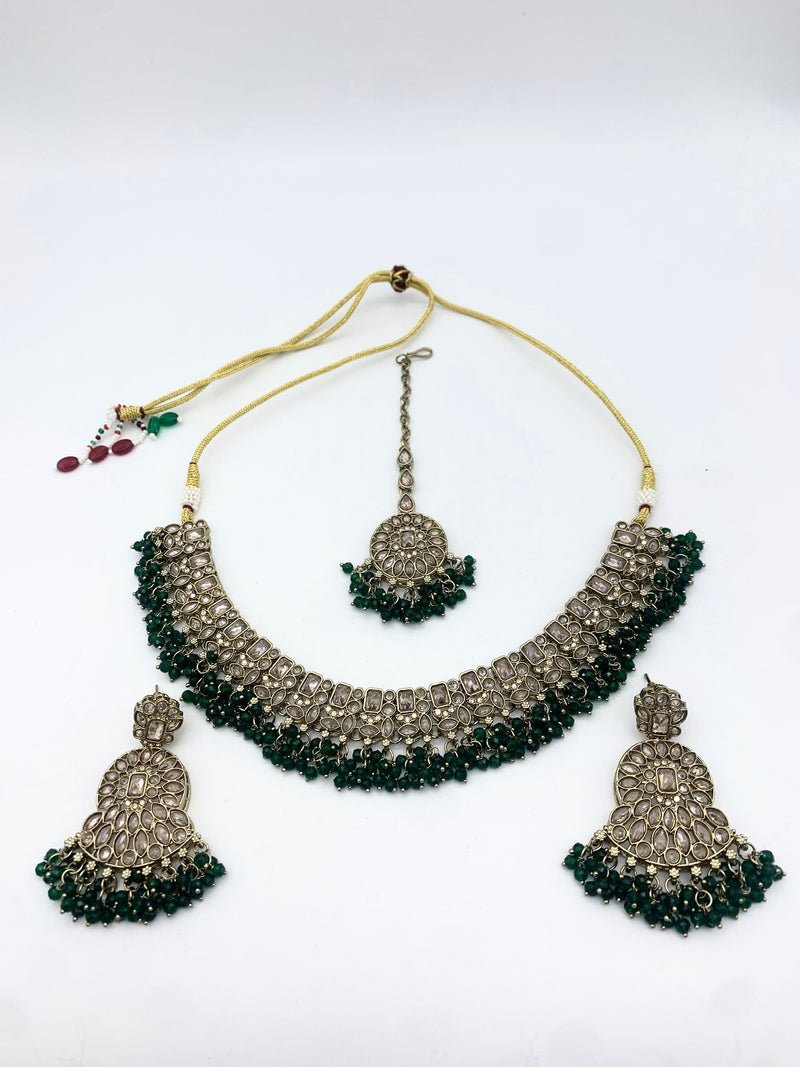 AM014 Gold and Green necklace set Polki