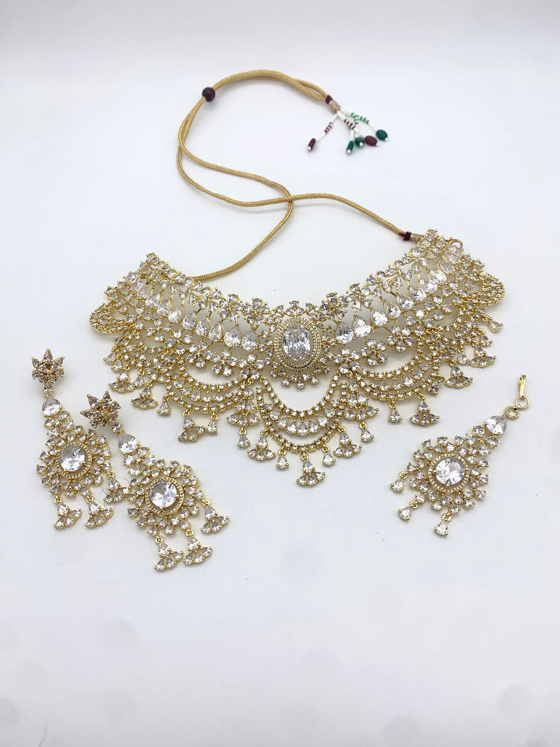 AM300 Yellow Gold necklace set American diamond