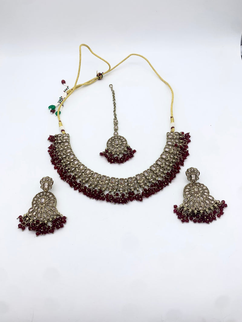 AM014 Gold and Maroon necklace set Polki